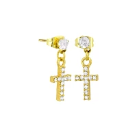 CZ Titanium Goldtone Cross Dangle Stud Earrings