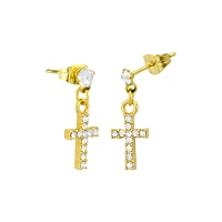 CZ Titanium Goldtone Cross Dangle Stud Earrings