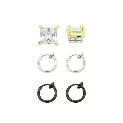 Multi-Pack Square CZ Magnetic Fake Studs and Fake Hoop Earrings - 3 Pair
