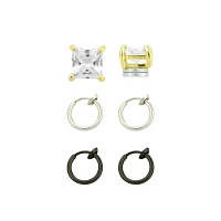 Multi-Pack Square CZ Magnetic Fake Studs and Fake Hoop Earrings - 3 Pair