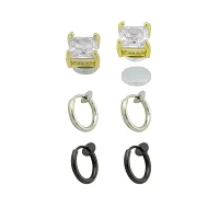 Multi-Pack Square CZ Magnetic Fake Studs and Fake Hoop Earrings - 3 Pair