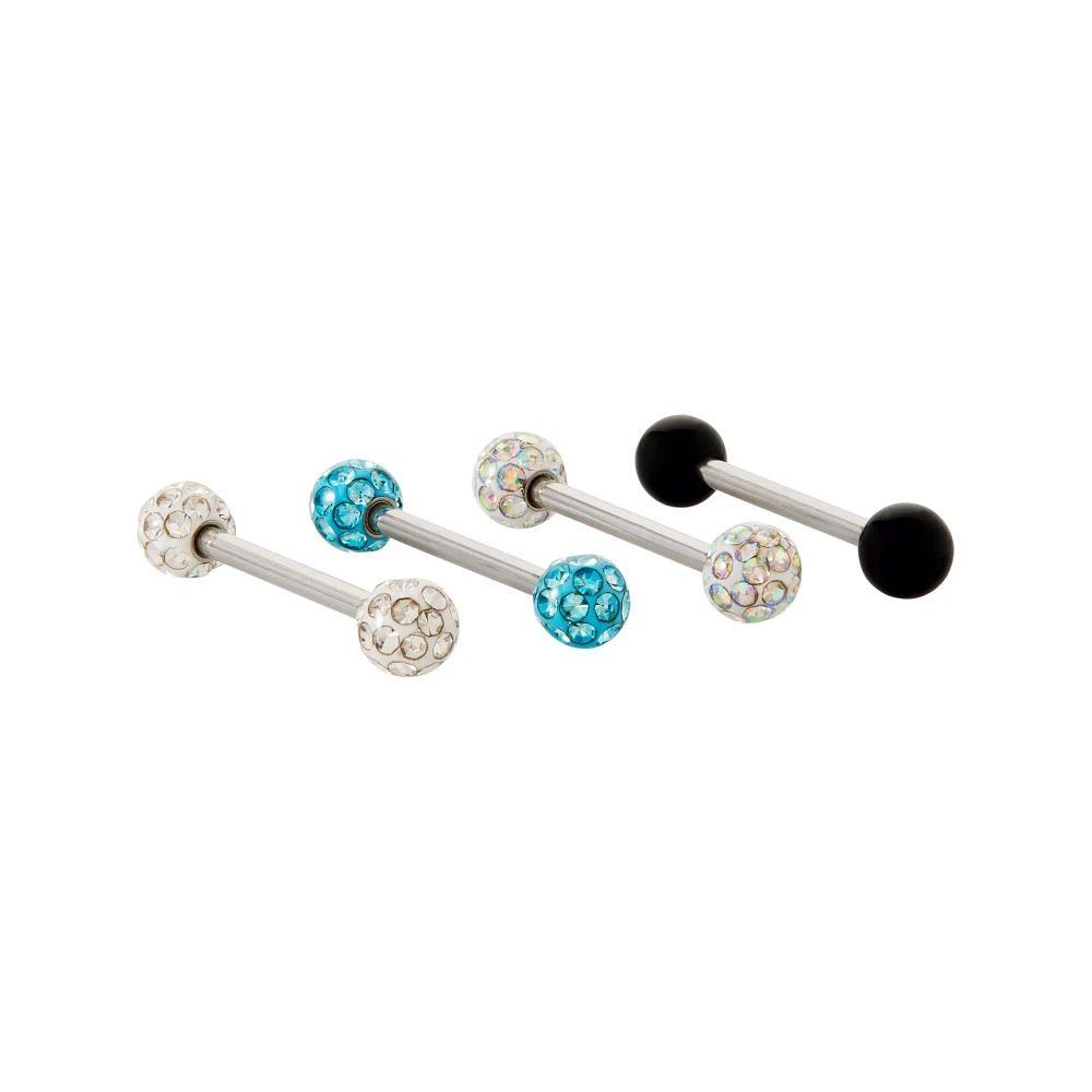Multi-Pack Pave CZ Black and Blue Barbells 4 Pack - 14 Gauge
