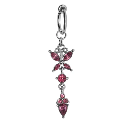 CZ Pink Butterfly Fake Dangle Belly Ring - 16 Gauge