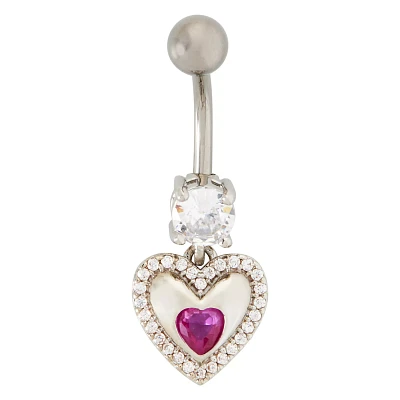 Pink CZ and Titanium Heart Dangle Belly Ring - 14 Gauge