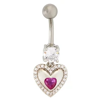 Pink CZ and Titanium Heart Dangle Belly Ring - 14 Gauge
