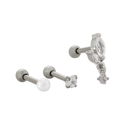 Multi-Pack Prong and Teardrop CZ Titanium Cartilage Barbells 3 Pack - 16 Gauge