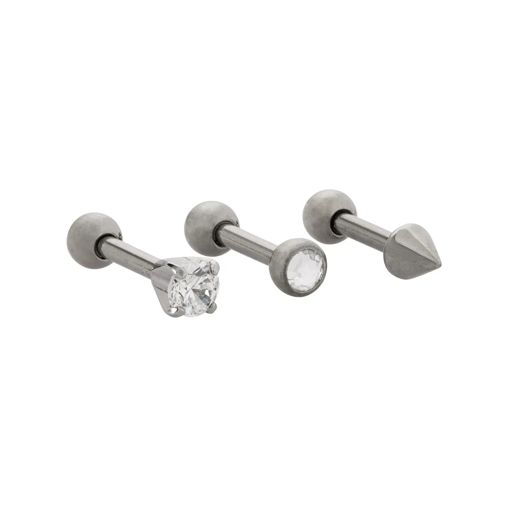 Multi-Pack Prong and Round CZ Titanium Cartilage Barbells 3 Pack - 16 Gauge