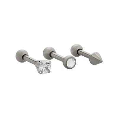 Multi-Pack Prong and Round CZ Titanium Cartilage Barbells 3 Pack - 16 Gauge