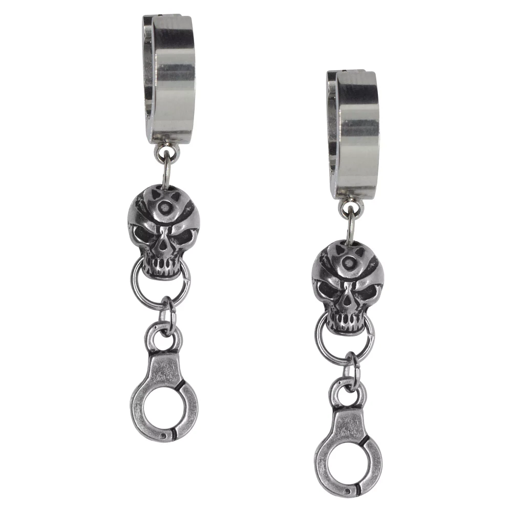 Silvertone Skull Dangle Huggie Hoop Earrings