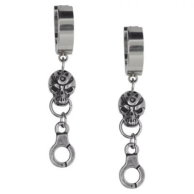 Silvertone Skull Dangle Huggie Hoop Earrings