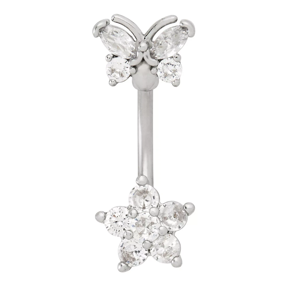 CZ Butterfly and Star Belly Ring - 14 Gauge