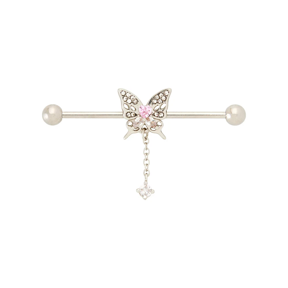 Pink CZ Butterfly Dangle Industrial Barbell - 14 Gauge