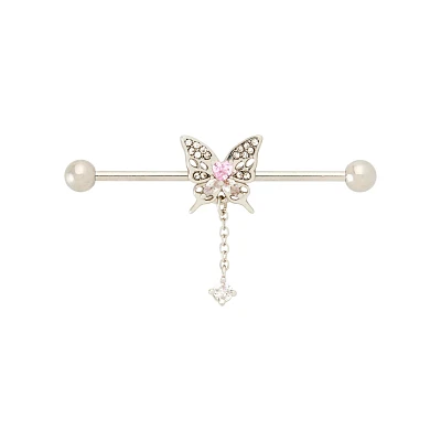 Pink CZ Butterfly Dangle Industrial Barbell - 14 Gauge