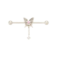Pink CZ Butterfly Dangle Industrial Barbell - 14 Gauge