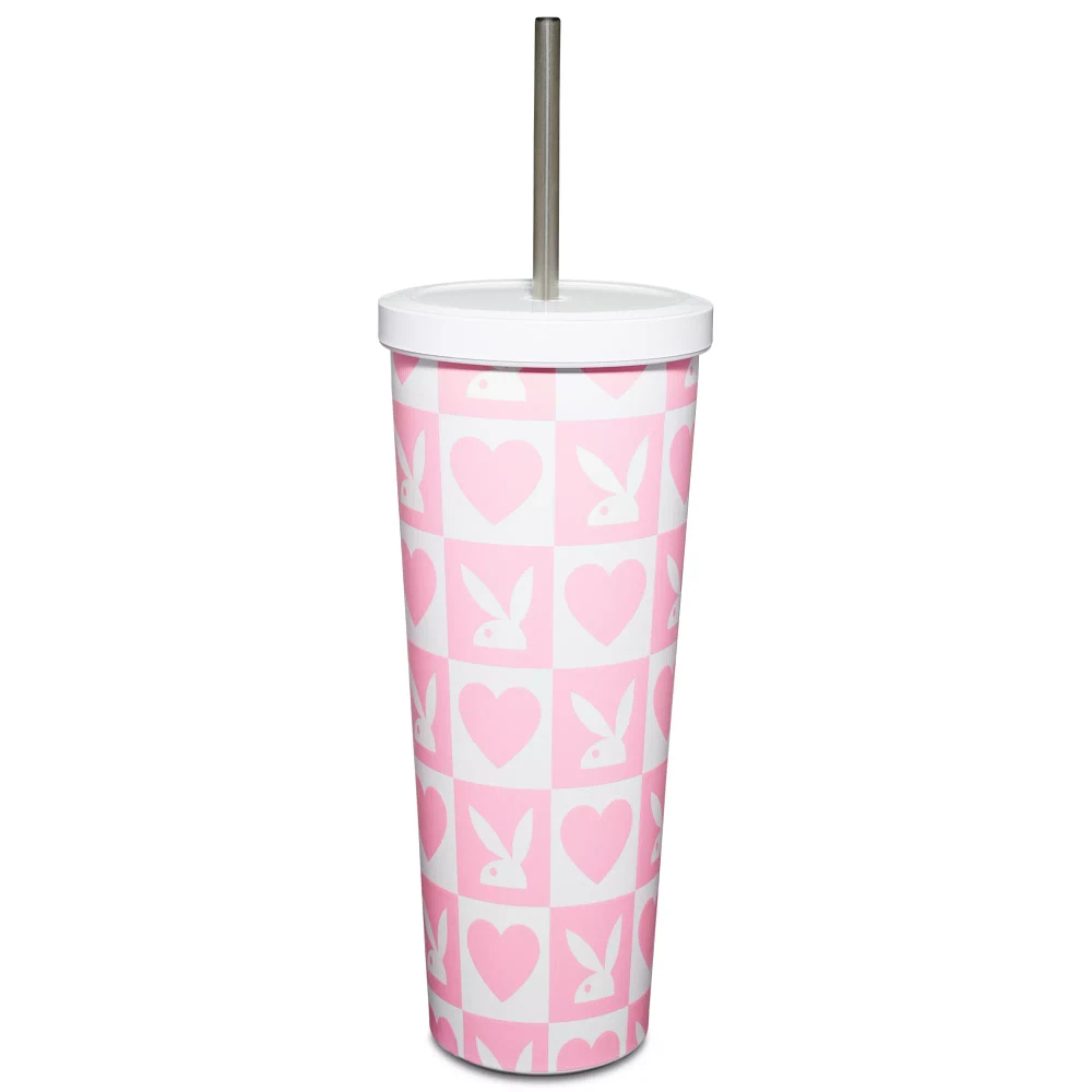 Pink Checkered Playboy Cup with Straw - 24 oz.