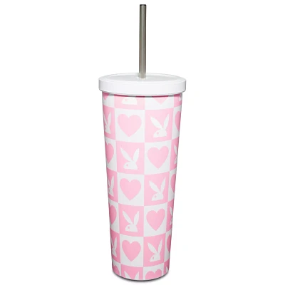 Pink Checkered Playboy Cup with Straw - 24 oz.