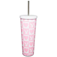 Pink Checkered Playboy Cup with Straw - 24 oz.