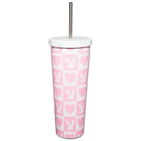 Pink Checkered Playboy Cup with Straw - 24 oz.
