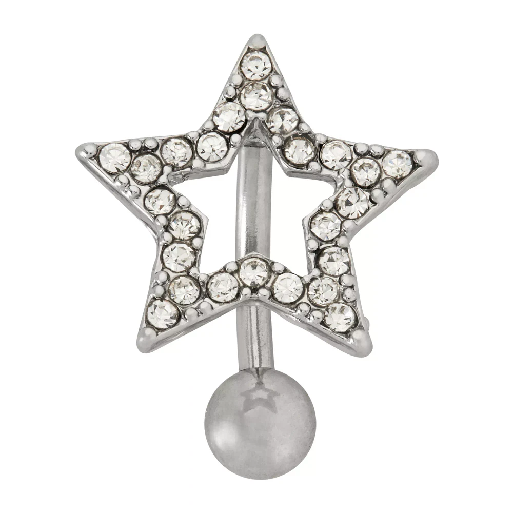 CZ Silvertone Titanium Star Belly Ring - 14 Gauge