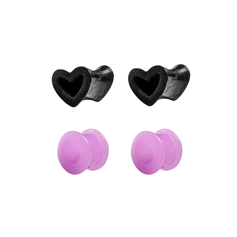 Multi-Pack Purple and Black Heart Silicone Tunnels 4 Pack - 00 Gauge