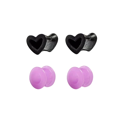 Multi-Pack Purple and Black Heart Silicone Tunnels 4 Pack - 00 Gauge