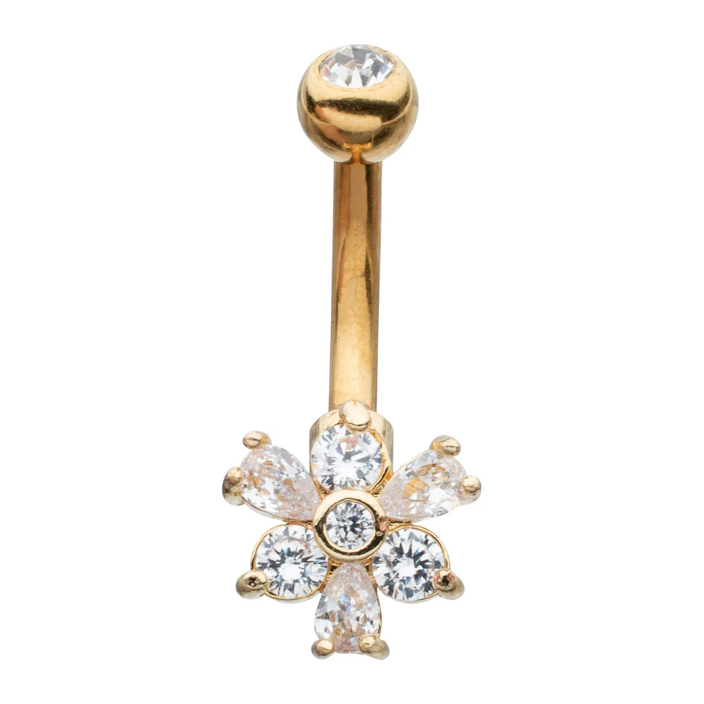 CZ Goldtone Flower Gem Belly Ring - 14 Gauge