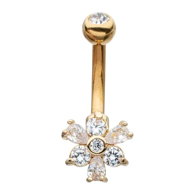 CZ Goldtone Flower Gem Belly Ring - 14 Gauge