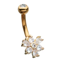 CZ Goldtone Flower Gem Belly Ring - 14 Gauge