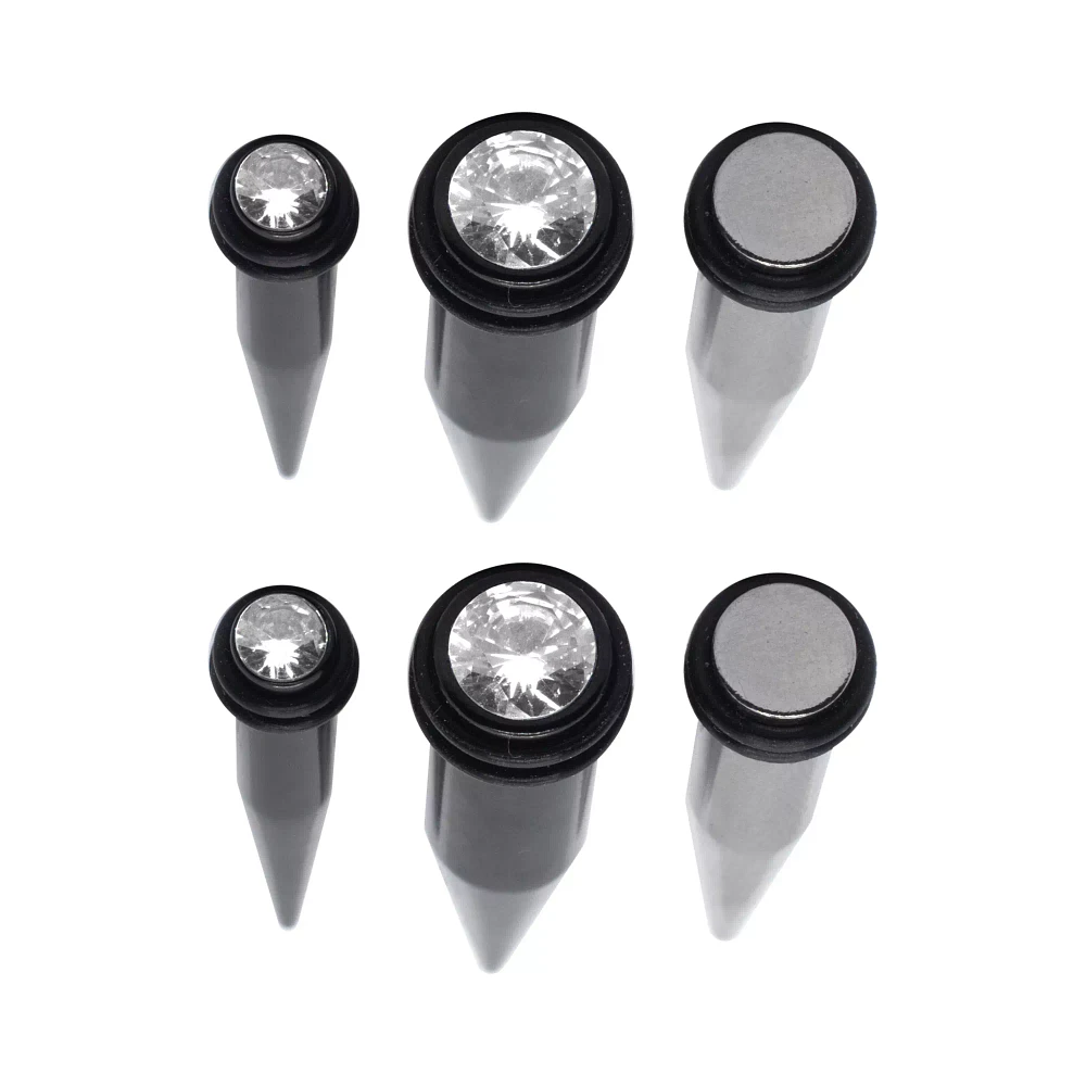 Multi-Pack Round CZ Black and Silvertone Tapers - 3 Pair
