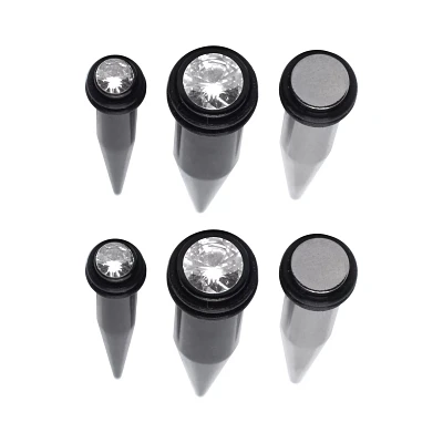 Multi-Pack Round CZ Black and Silvertone Tapers - 3 Pair
