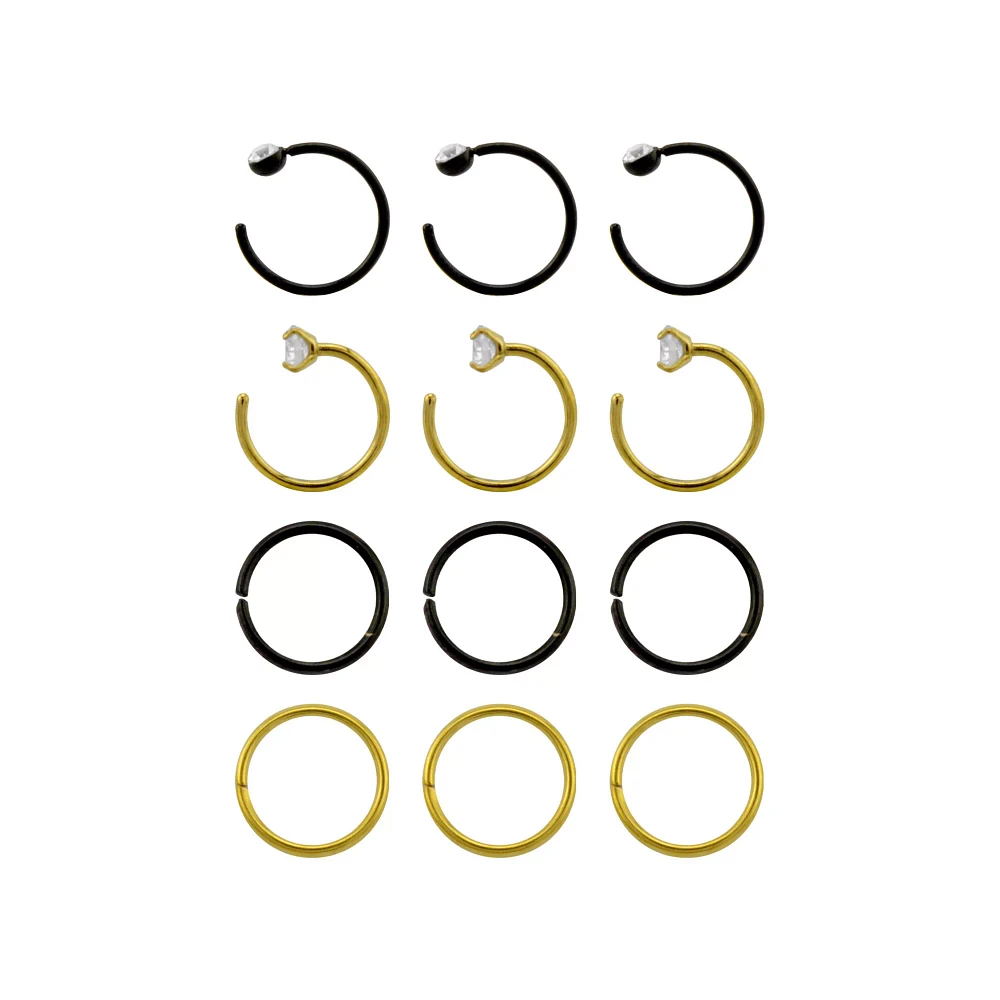 Multi-Pack Gold and Black Nose Hoops 12 Pack - 20 Gauge