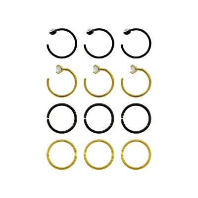 Multi-Pack Gold and Black Nose Hoops 12 Pack - 20 Gauge