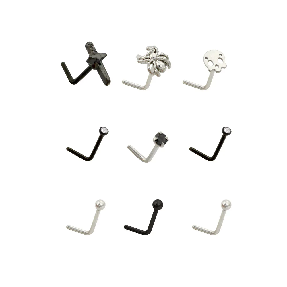 Multi-Pack Spider Skull L-Bend Nose Rings 9 Pack - 20 Gauge