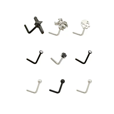 Multi-Pack Spider Skull L-Bend Nose Rings 9 Pack - 20 Gauge