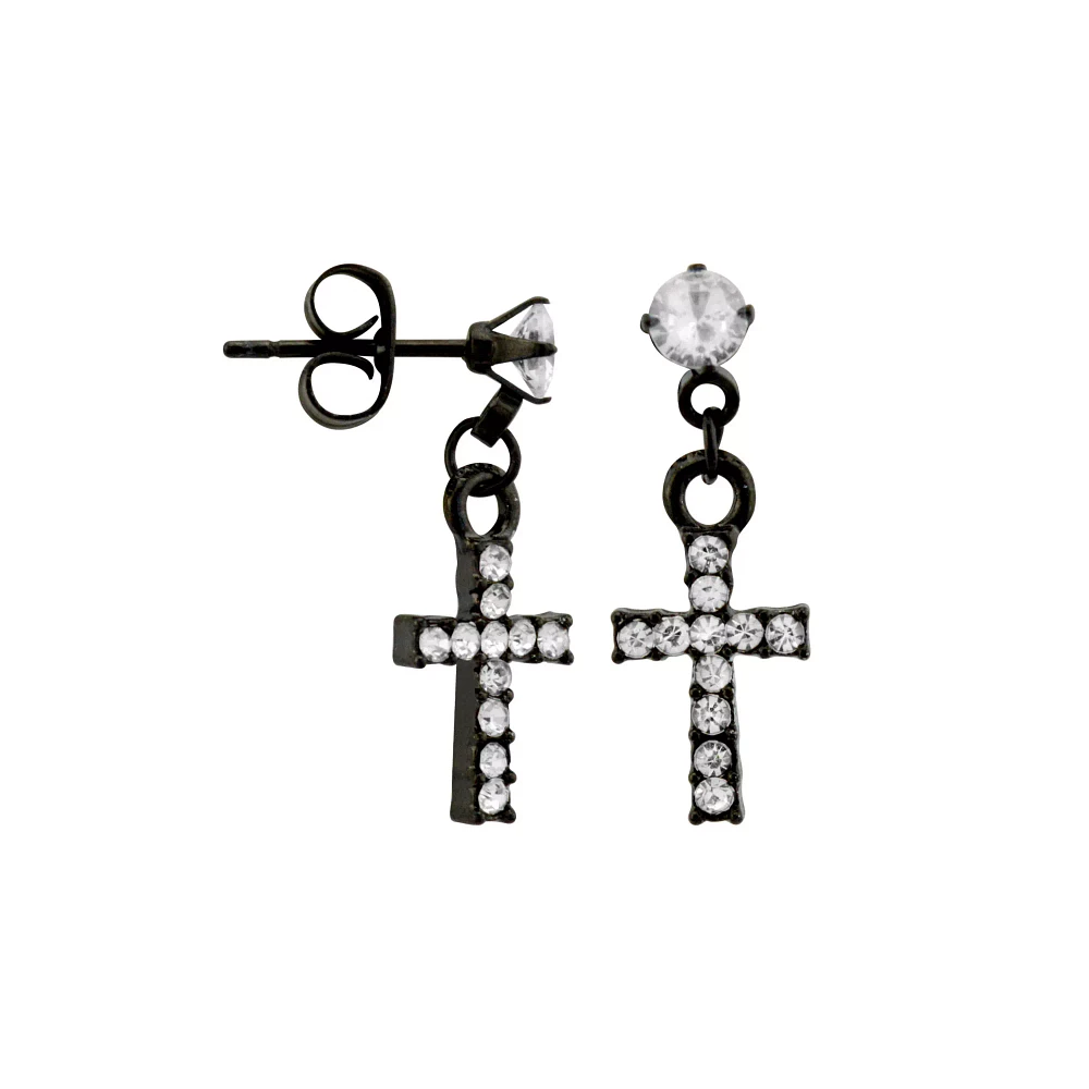 Black Titanium and CZ Cross Dangle Stud Earrings - 20 Gauge