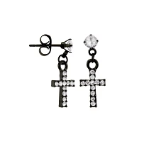 Black Titanium and CZ Cross Dangle Stud Earrings - 20 Gauge