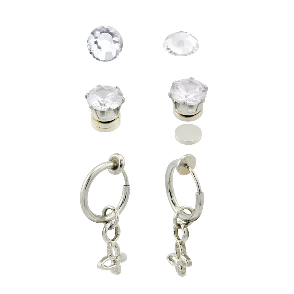 Multi-Pack Fake CZ Stud and Silvertone Butterfly Hoop Dangle Earrings - 3 Pair