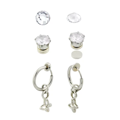 Multi-Pack Fake CZ Stud and Silvertone Butterfly Hoop Dangle Earrings - 3 Pair