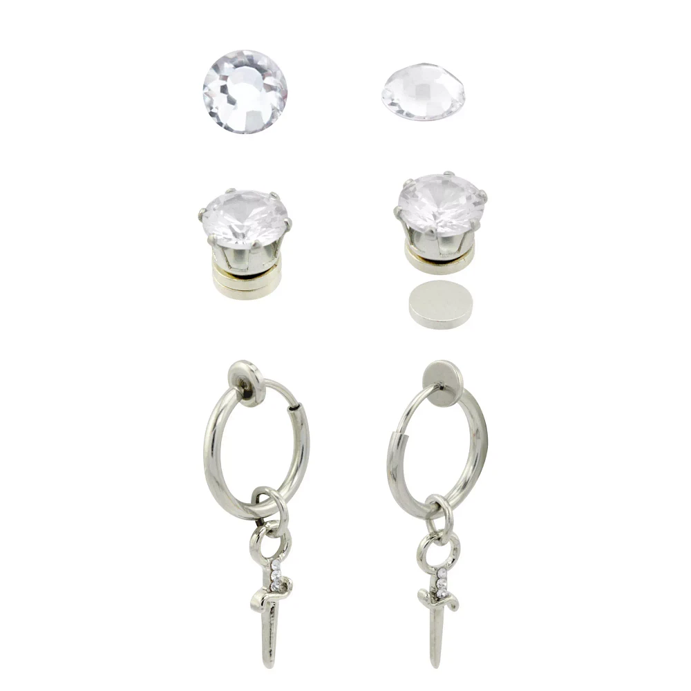 Multi-Pack Fake CZ Stud and Silvertone Cross Hoop Dangle Earrings - 3 Pair