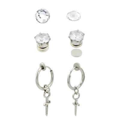 Multi-Pack Fake CZ Stud and Silvertone Cross Hoop Dangle Earrings - 3 Pair