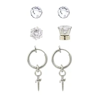 Multi-Pack Fake CZ Stud and Silvertone Cross Hoop Dangle Earrings - 3 Pair