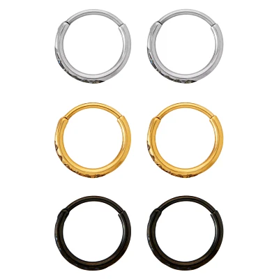 Multi-Pack CZ Titanium Silvertone Goldtone and Black Hoop Earrings - 3 Pair