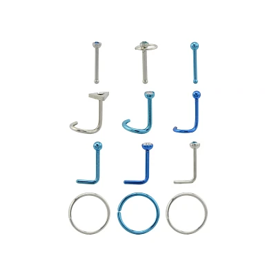 Multi-Pack Silver and Blue Nose Pins and Hoops 12 Pack - 20 Gauge