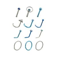 Multi-Pack Silver and Blue Nose Pins and Hoops 12 Pack - 20 Gauge