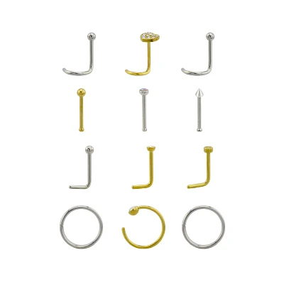 Multi-Pack Silver and Gold CZ Heart Nose Pins and Hoops 12 Pack - 20 Gauge