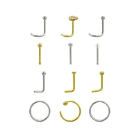 Multi-Pack Silver and Gold CZ Heart Nose Pins and Hoops 12 Pack - 20 Gauge