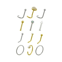 Multi-Pack Silver and Gold CZ Heart Nose Pins and Hoops 12 Pack - 20 Gauge