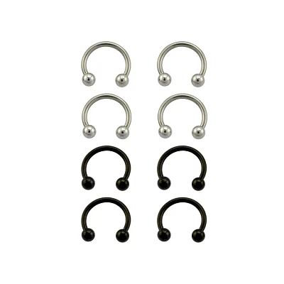 Multi-Pack Silvertone and Black Titanium Horseshoe Rings 8 Pack - 14 Gauge