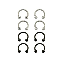 Multi-Pack Silvertone and Black Titanium Horseshoe Rings 8 Pack - 14 Gauge