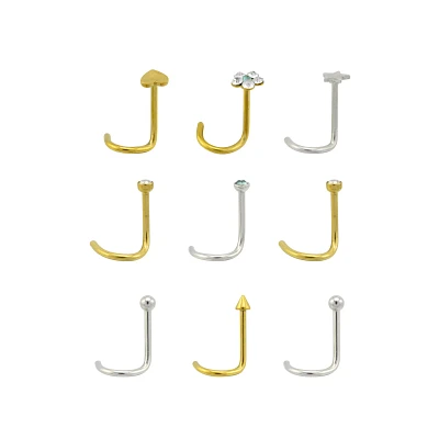 Multi-Pack CZ Heart Flower Screw Nose Rings 9 Pack - 20 Gauge